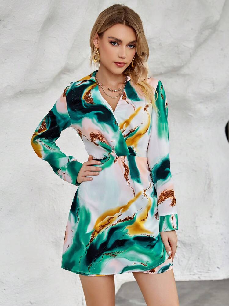 Graphic Print Surplice Neck Dress