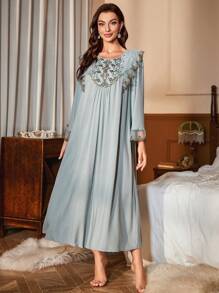 PalaceNights Floral Embroidery Ruffle Trim Pajama Nightdress Long Dress Luxe Loungewear, Moo Moo, Fall, Winter - Green - View 3