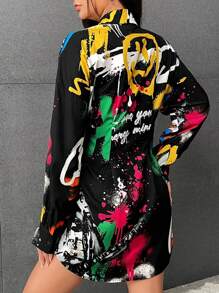 SHEIN EZwear Graffiti Print Drop Shoulder Shirt Dress - Multicolor - View 2