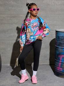 SHEIN 女大童波普藝術圖案落肩袖套頭衫 - 彩色 - 查看 2