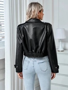 女式简约短款 PU 皮革机车夹克，秋冬 - 黑色 - 查看 2
