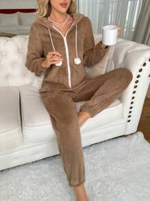 3D Ear Design Zipper Hooded Flannel Lounge Jumpsuit - Brown - View 5