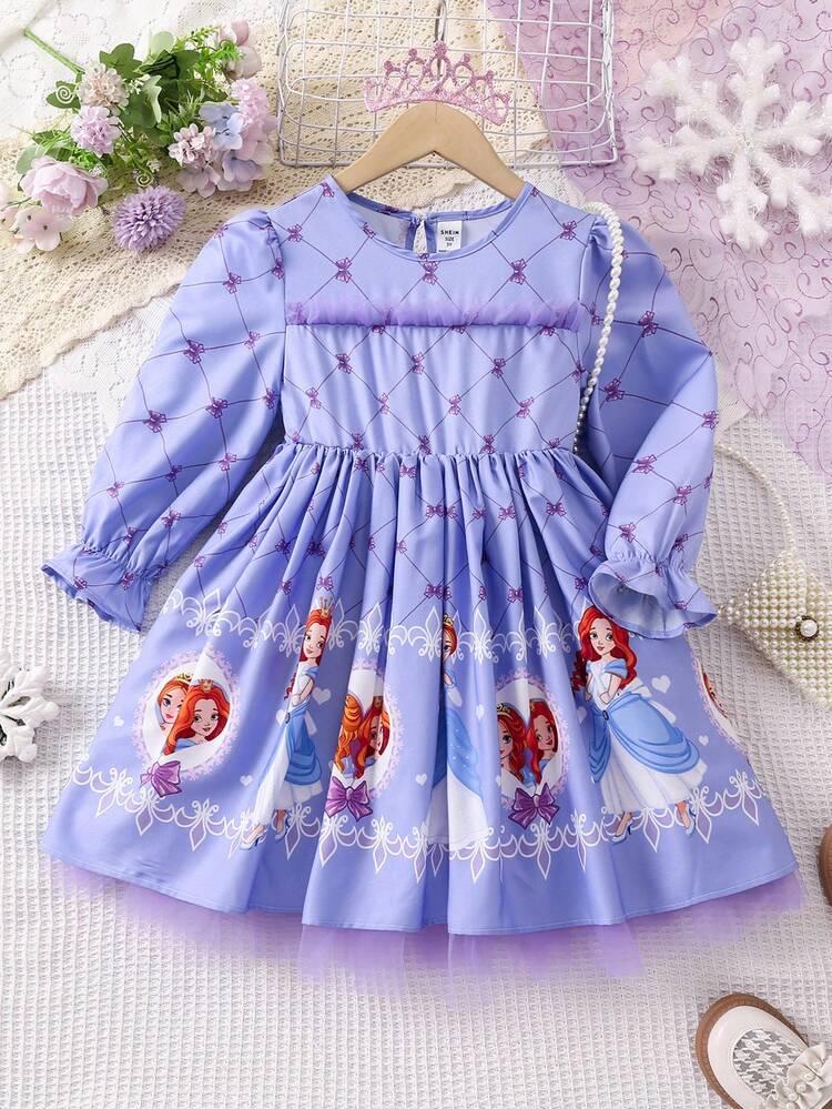 Young Girl Bow & Figure Graphic Flounce Sleeve Dress