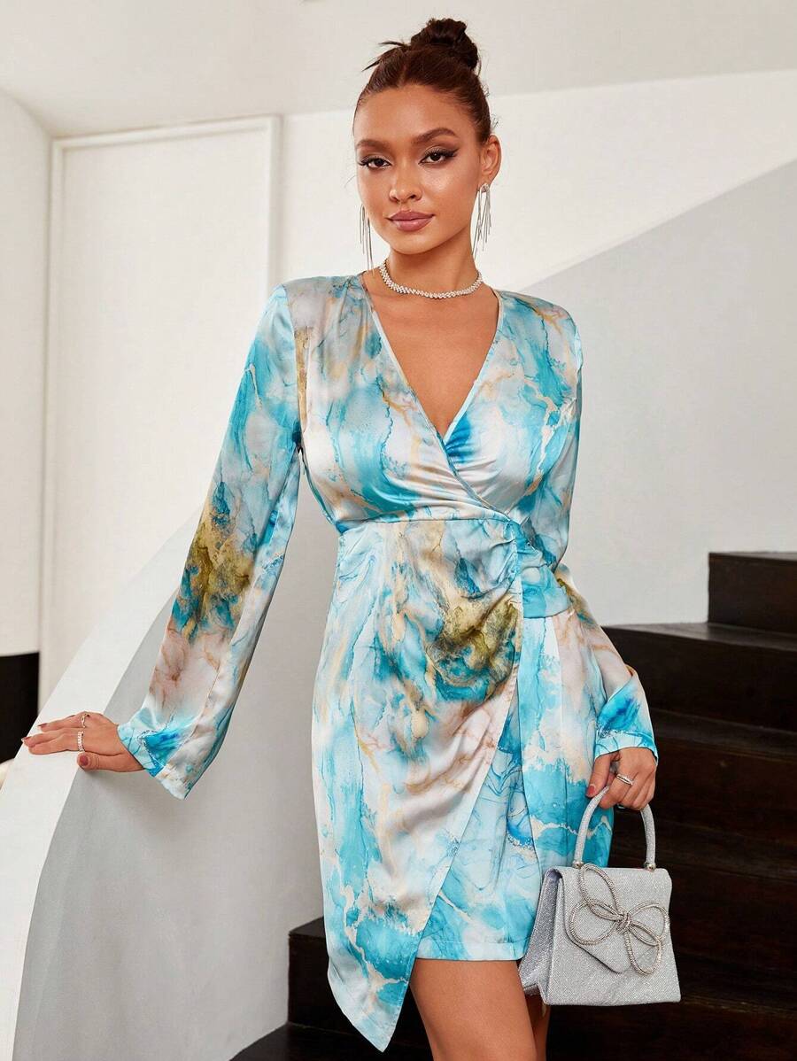 SHEIN Privé Robe Imprimé Marbré Croisé À Nœud - Multicolore - Voir 1