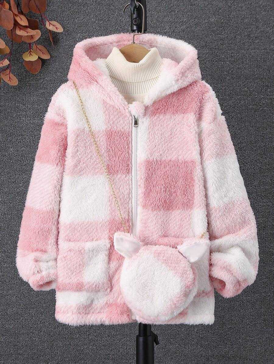 SHEIN Chica preadolescente Abrigo teddy con patrón de cuadros de hombros caídos con capucha con bolso - Rosa - Ver 1