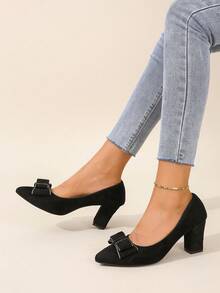 女性秋季鞋舒服的尖頭高跟鞋工作泵帶蝴蝶結裝飾 - 黑色 - 查看 5