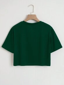 SHEIN Essnce Tim Và In hoa Báo Áo phông Crop - Màu xanh lá cây đậm - Xem 2