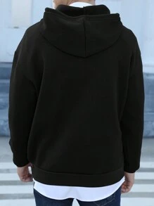 Hombres Capucha con estampado de letra de hombros caídos con cordón - Negro - Ver 2