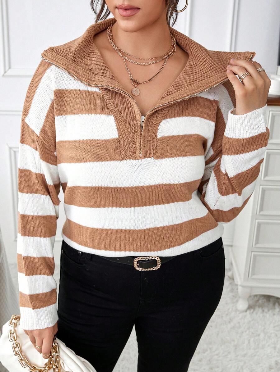 Calvaya Plus Striped Pattern Quarter Zip Drop Shoulder Sweater Knit Pullover Fall Winter Outfit - Multicolor - View 1