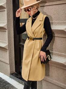 Aveloria Lapel Neck Flap Detail Sleeveless Overcoat - Camel - View 5