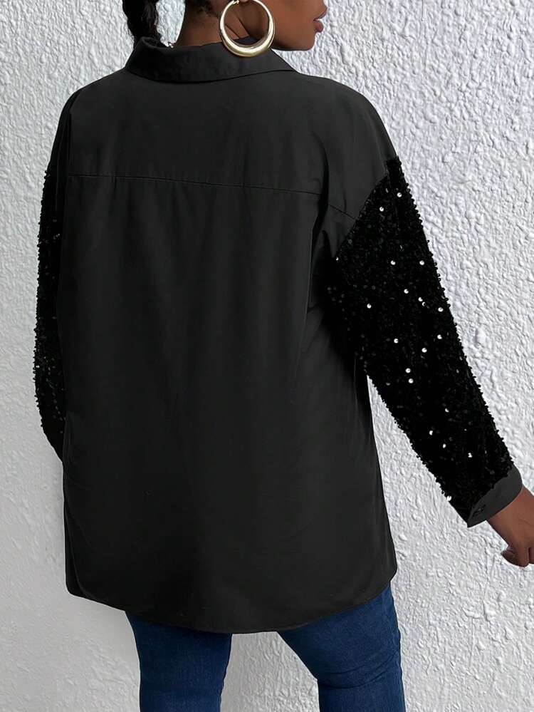 Plus Contrast Sequin Drop Shoulder Shirt