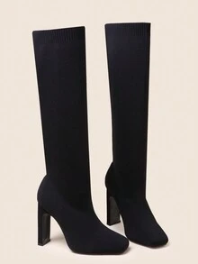 Women' Chunky High Heel Square Toe Knit Elastic Ankle Boots - Black - View 2