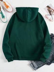 INAWLY Letter Graphic Kangaroo Pocket Drawstring Thermal Lined Hoodie - Dark Green - View 2