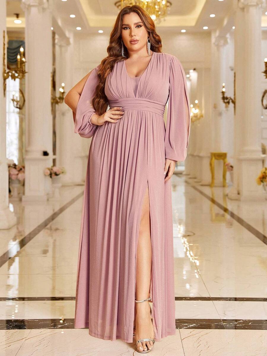 SHEIN Belle Hơn 1 Miếng Cổ Lao Tách đùi Đầm - Bụi hồng - Xem 1