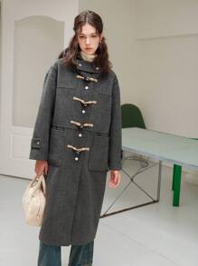 Dual Pocket Drop Shoulder Hooded Overcoat - Grey - View 1