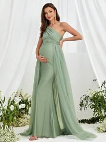 Faeriesty Dressalisa Luxury One-Shoulder Maternity Gown& Babyshower Dresseswith Asymmetrical Side Sash & Mermaid Train – Formal Baby Showers, Pregnancy Galas, Evening Receptions, Bridal Shower Celebrations, High-Fashion Photo Shoots - Green - View 6