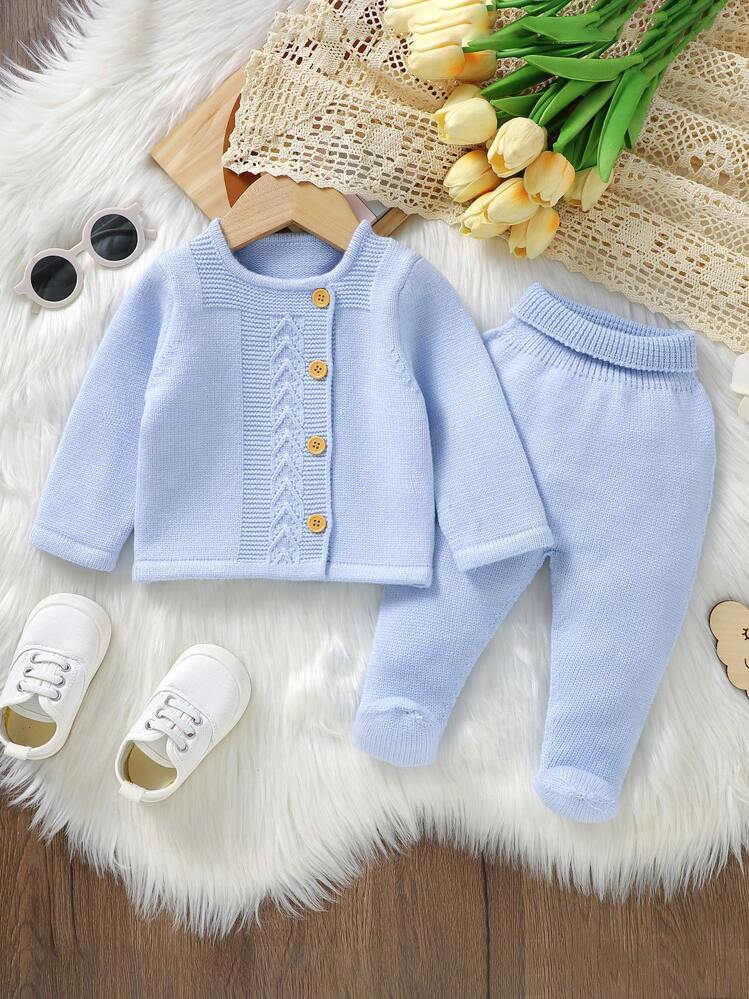 SHEIN Bebezinha Sólido Botão Frontal Cardigans & Calças de Tricô - Azul bebê - Visão 1