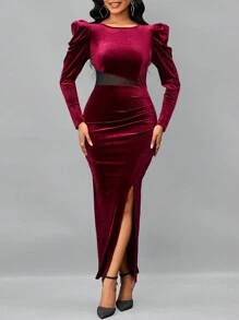 SHEIN Lady 羊腿袖高衩絲絨洋裝 - 酒紅色 - 查看 5