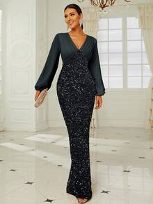 Missord Lantern Sleeve Sequin Formal Dress - Black - View 4