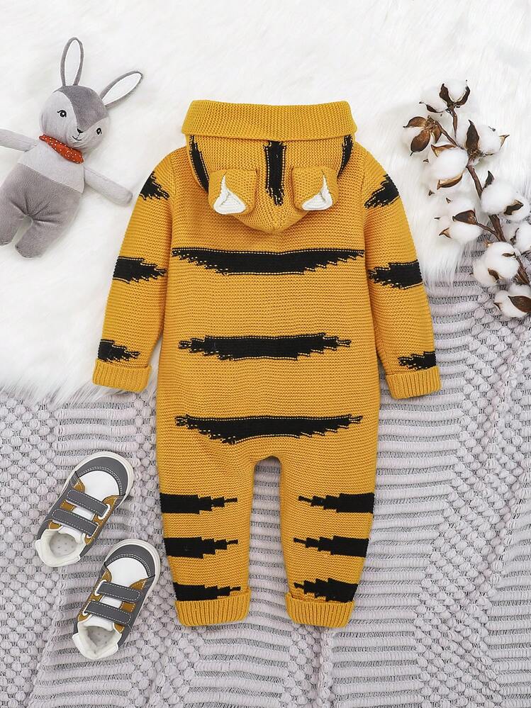 SHEIN 男孩嬰兒卡通圖案前紐扣連帽麻花編織連身褲 - 黃色 - 查看 2