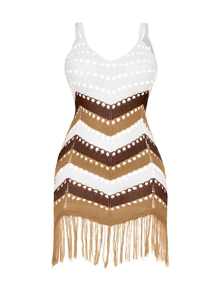SHEIN Holidaya Hơn Mô hình Chevron Fringe Hem Đầm Áo len - Nhiều màu - Xem 1