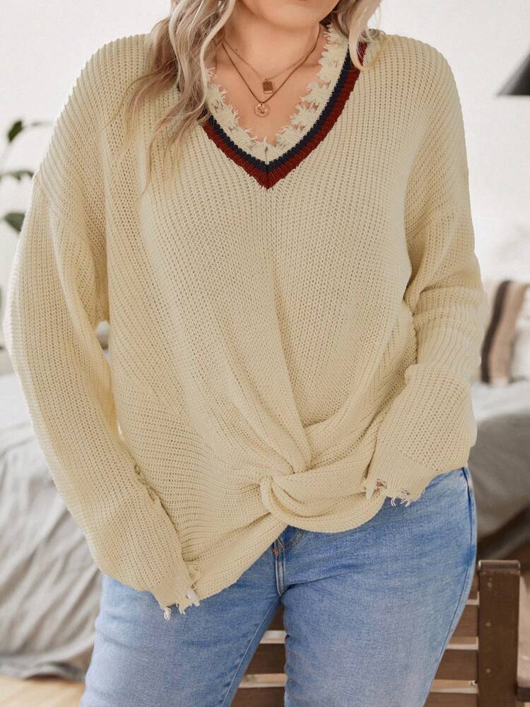 Plus Contrast Trim Twist Front Drop Shoulder Sweater Knit Pullover Fall Winter Sweater
