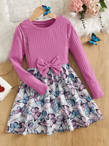 SHEIN Chica Joven Vestido con estampado de mariposa con lazo delantero