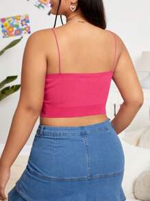 SHEIN EZwear Hơn Chất rắn Ngắn Cami Knit Top - Màu Hồng Tươi - Xem 2