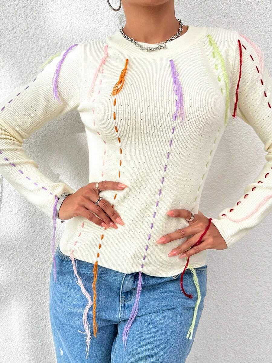 Lunelith SHEIN Lunessa Stitch Detail Sweater Knit Pullover Fall Winter Outfit