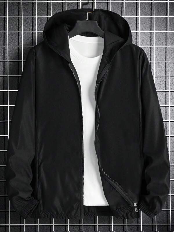 Manfinity Homme Men 1pc Solid Zip Up Hooded Jacket, Plain, Husband, Long Sleeve, Work, Zipper Jacket