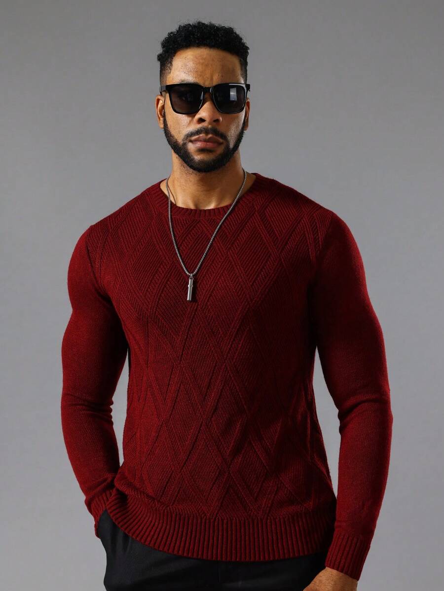 Manfinity Homme 男士素色圓領套頭毛衣 - 酒紅色 - 查看 1