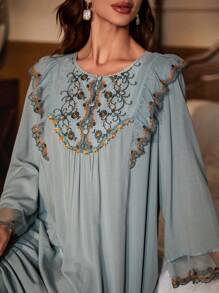 PalaceNights Floral Embroidery Ruffle Trim Pajama Nightdress Long Dress Luxe Loungewear, Moo Moo, Fall, Winter - Green - View 5