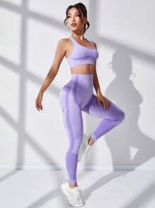 Yoga Basic 後鏤空緊縮褶皺臀部運動套裝 - 紫丁香色 - 查看 4