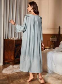 PalaceNights Floral Embroidery Ruffle Trim Pajama Nightdress Long Dress Luxe Loungewear, Moo Moo, Fall, Winter - Green - View 2