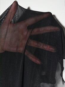 SHEIN ICON 大碼前繫帶喇叭袖網紗上衣不附胸罩 - 黑色 - 查看 8