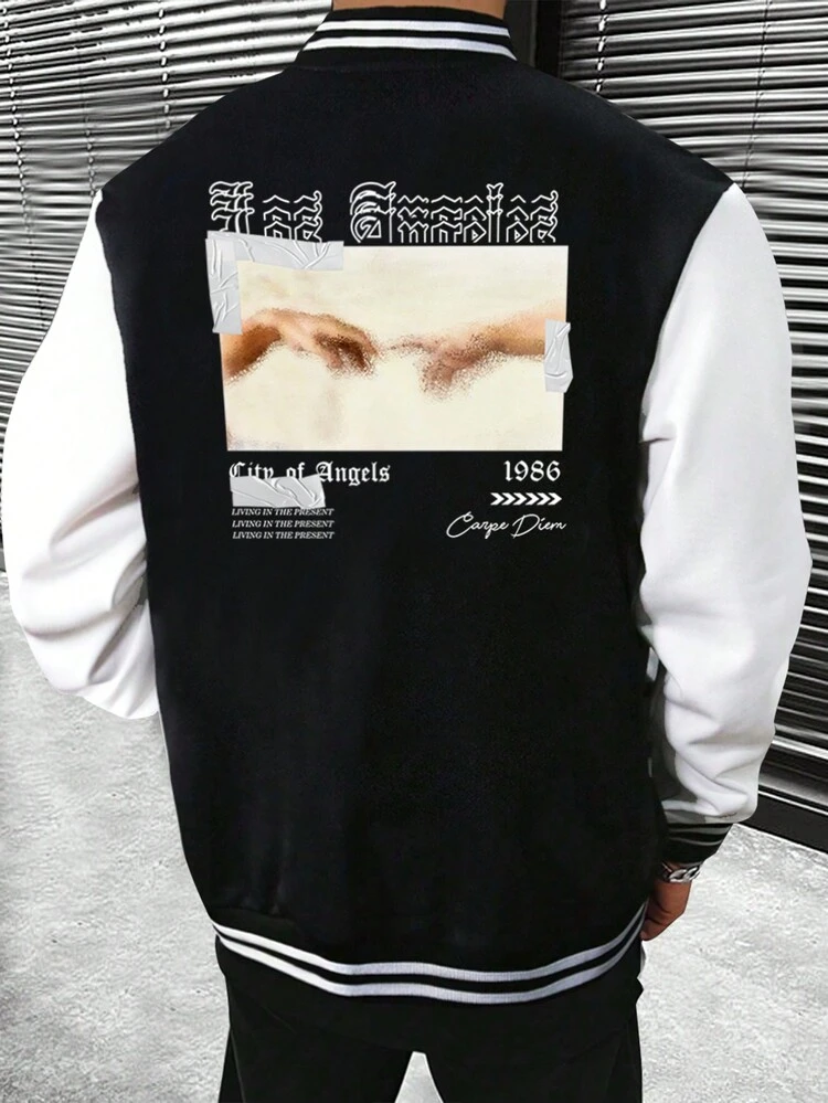 Loose Fit Men's Slogan Graphic Striped Trim Varsity Jacket Without Hoodie