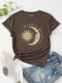 SHEIN LUNE Sun & Moon Print Tee - Brown - View 1