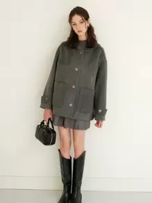 Drop Shoulder Pocket Patched Overcoat - Grey - View 1