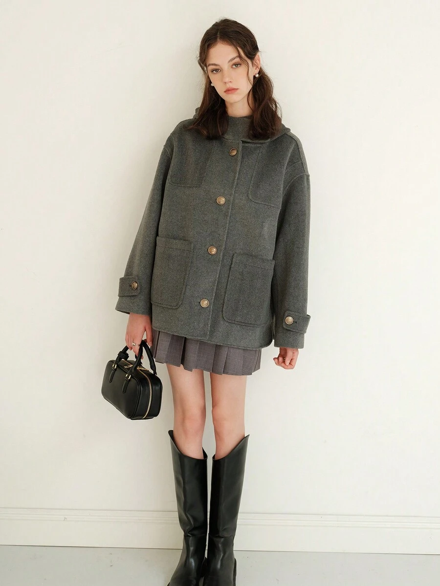 Drop Shoulder Pocket Patched Overcoat - Grey - View 1