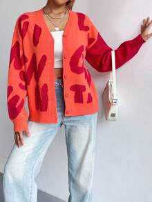 SHEIN Unity 字母圖案落肩袖開襟衫 - 珊瑚橙 - 查看 5