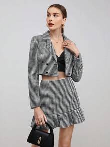 BizChic Houndstooth Print Double Breasted Crop Blazer & Ruffle Hem Skirt - Black and White - View 5