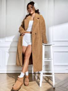 SHEIN EZwear Áo khoác Teddy cổ trễ vai ve lật, Áo khoác nữ mùa đông giản dị cài hai nút, Áo khoác nữ trơn trễ vai ve lật túi rộng rãi màu lạc đà, Ấm áp mùa đông/ Thời trang mùa đông - Lạc đà - Xem 4