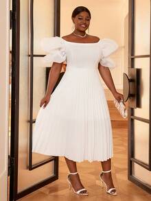 Hơn Off Shoulder Ống tay áo Viền xếp Đầm - trắng - Xem 4