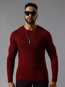 Manfinity Homme 男士素色圓領套頭毛衣 - 酒紅色 - 查看 5