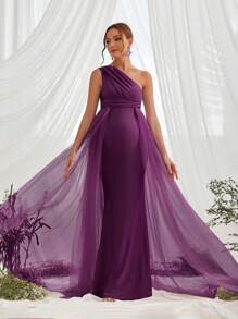 Faeriesty Dressalisa 优雅单肩孕妇礼服及迎婴派对礼服，美人鱼式拖尾 - 适合正式迎婴派对、孕妇活动、盛大晚宴、新娘送礼会、高端时尚摄影 - 紫色 - 查看 4