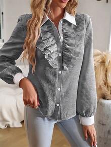 SHEIN Essnce Gingham Print Ruffle Trim Shirt - Black - View 6