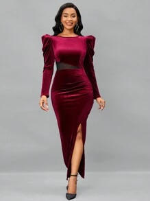 SHEIN Lady 羊腿袖高衩絲絨洋裝 - 酒紅色 - 查看 1