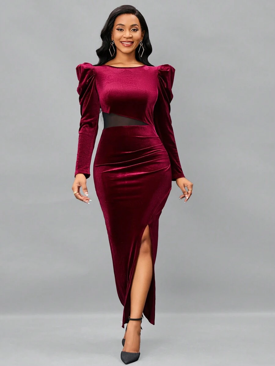 SHEIN Lady 羊腿袖高衩絲絨洋裝 - 酒紅色 - 查看 1