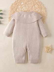 Đứa bé gái Nút phía trước Đồ đan Ribbed Áo liền quần - Màu Khaki - Xem 2