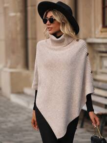 Chiquease Turtleneck Button Detail Asymmetrical Hem Knit Poncho Knit Pullover Fall Winter Outfit - Khaki - View 5